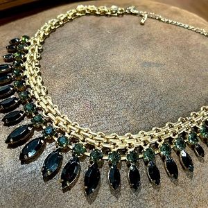 Signed Cara New York costume jewelry statement necklace. Rhinestones on gold